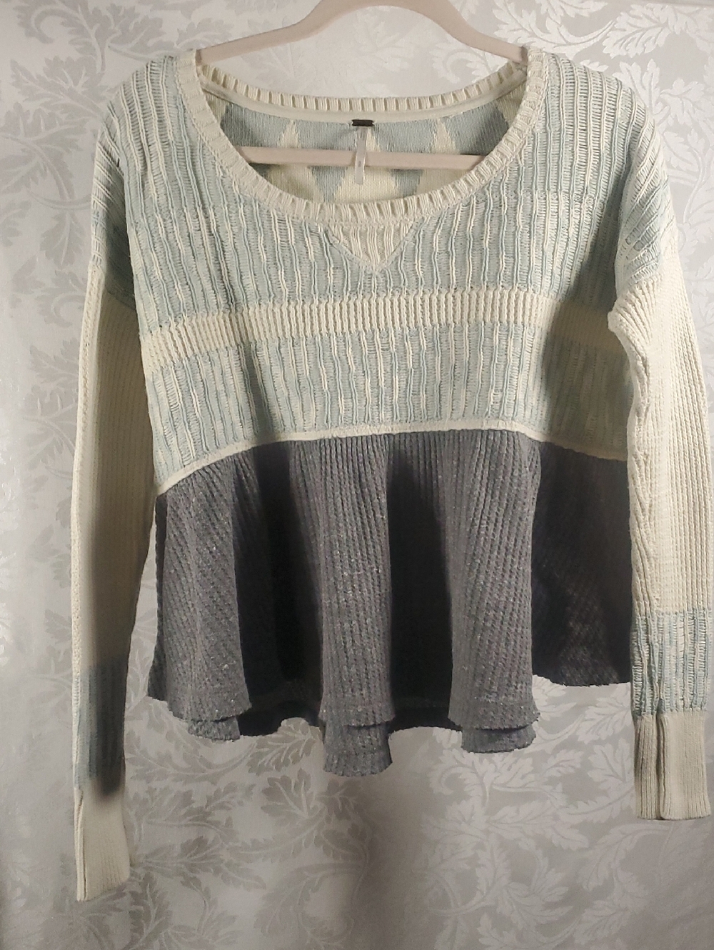 Free People Mint, Cream & Charcoal Colorblock Peplum Sweater
